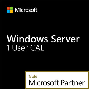 Microsoft product box showing Windows Server 1 User CAL license on black background with partner gold badge